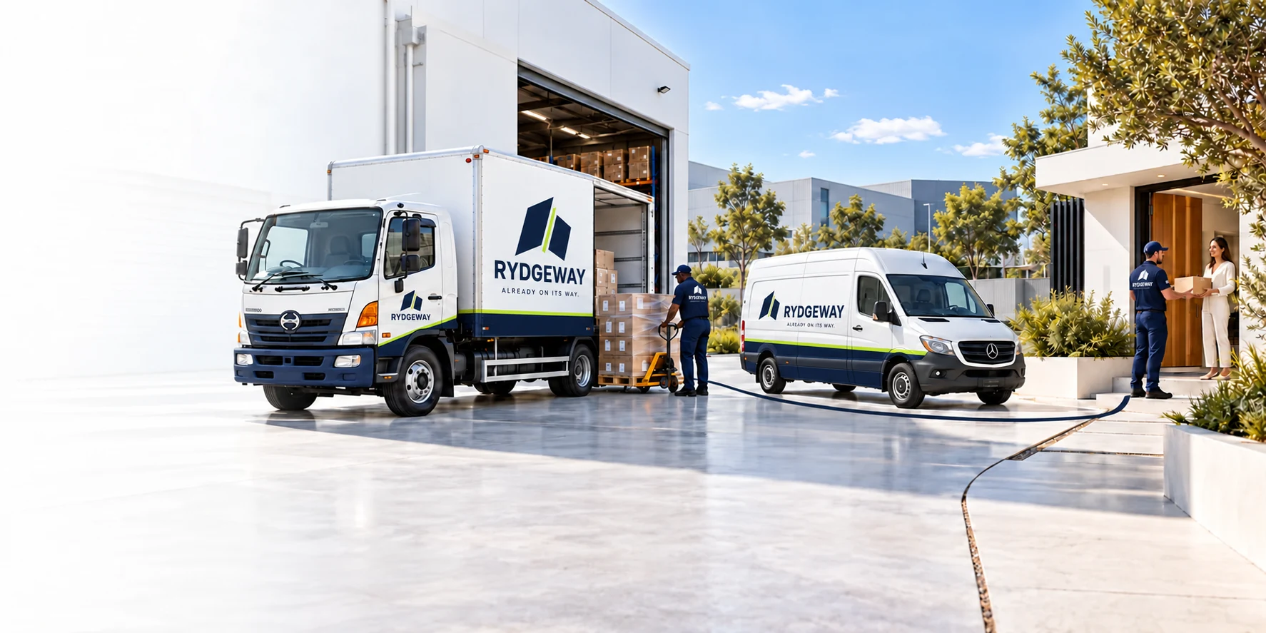 RYDGEWAY vehicles and team at a collection point, with Gateway branding